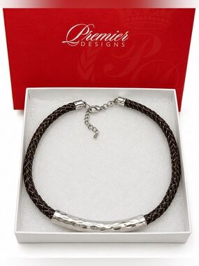 Premier Designs Organic Brown Braided Leather Silver Bar Necklace NWT
